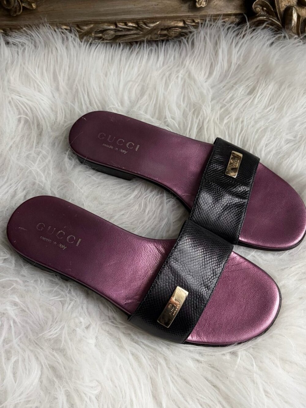 TOM FORD GUCCI rare vintage black snakeskin flat sandals slip on slides Size 5B